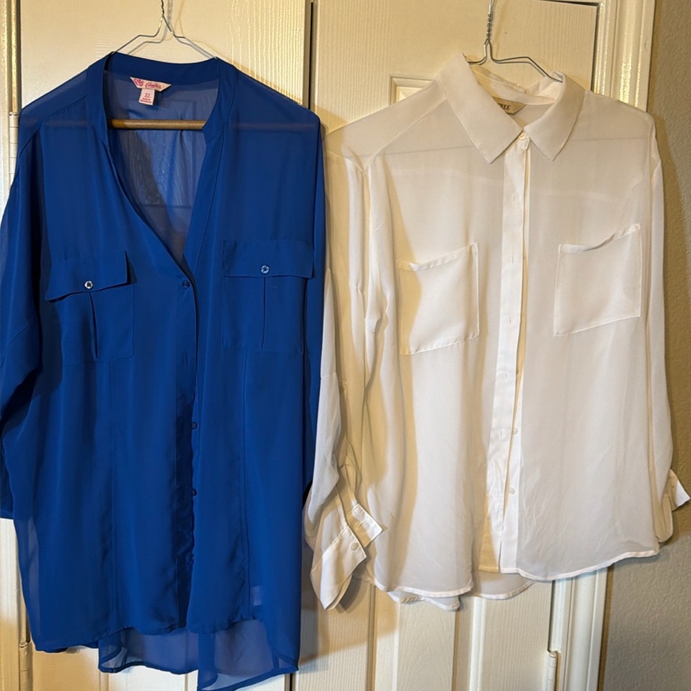 Blue and white thin shirts. Blue is XL and White is Large.